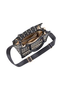 Handtasche mit schwarzem und goldfarbenem Muster, strukturiertem Design, goldfarbener Hardware und abnehmbarem Schulterriemen. Verfügt über mehrere Innenfächer.