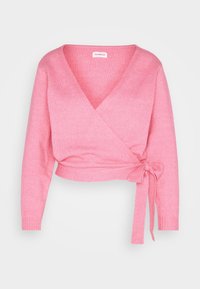 Wrap sweater in light pink, featuring a V-neck, long sleeves, and a tie detail at the waist. Made from soft, textured material.