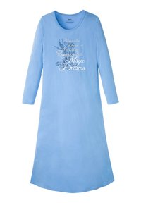 Abito da notte lungo azzurro chiaro con scollatura rotonda; presenta testo stampato bianco e disegni floreali sul davanti. Tessuto morbido, forma a A.