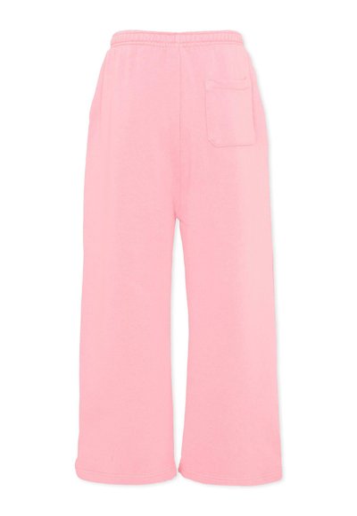 Pink wide-leg sweatpants with elastic waistband and a single patch pocket on the back right side.