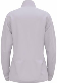 Veste softshell gris clair avec un col haut, des manches longues et une texture lisse. Ne présente aucun logo ni accent visible.