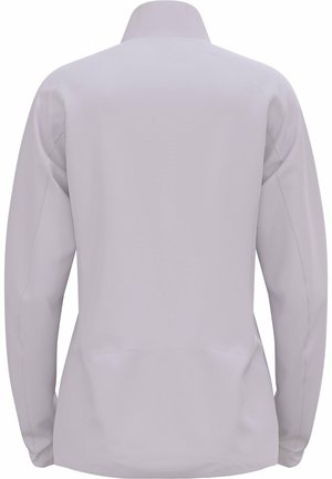 Helle graue Softshell-Jacke mit hohem Kragen, langen Ärmeln und glatter Textur. Sie weist keine sichtbaren Logos oder Akzente auf.