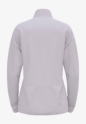 Helle graue Softshell-Jacke mit hohem Kragen, langen Ärmeln und glatter Textur. Sie weist keine sichtbaren Logos oder Akzente auf.