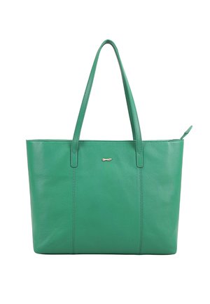 Groene leren boodschappentas met twee lange hengsels en een klein metalen logo aan de voorkant, afgebeeld tegen een witte achtergrond.