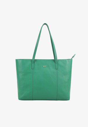 Groene leren boodschappentas met twee lange hengsels en een klein metalen logo aan de voorkant, afgebeeld tegen een witte achtergrond.