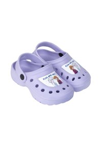 Purple plastic clogs featuring ventilation holes, a back strap, and a graphic label depicting cartoon characters Elsa and Anna.