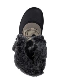 Schwarzer Schneestiefel mit einer strukturierten Gummisohle, einem beigen Textilkörper und einem grauen Kunstfellbund oben für Isolierung und Komfort.