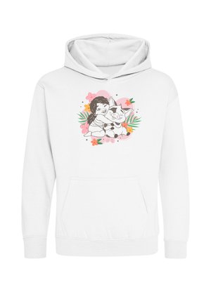 Hvid hættetrøje med tegneserie pige, der krammer en smilende hund, omgivet af lyserøde og orange blomster og grønne blade.