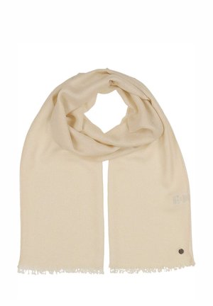 Beige Schal aus weichem, strukturiertem Stoff mit subtiler Schimmerung. Die Kanten sind mit zarten Fransen verziert und haben ein kleines, markiertes Metallelement.
