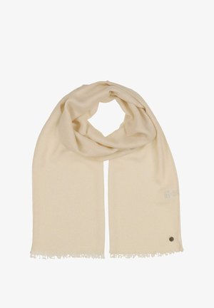 Beige Schal aus weichem, strukturiertem Stoff mit subtiler Schimmerung. Die Kanten sind mit zarten Fransen verziert und haben ein kleines, markiertes Metallelement.