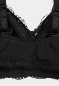 Black bralette featuring a lace trim along the band and straps, with a smooth design and adjustable straps for fit.