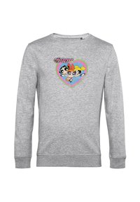 Šedá mikina s barevným grafickým motivem tří animovaných postaviček v srdci, s kulatým výstřihem a vroubkovanými manžetami a lemem.