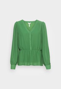Grüne, leichte Bluse mit V-Ausschnitt, Knopfleiste und gerafftem Bund. Sie hat lange, gepuffte Ärmel und eine glatte Textur.
