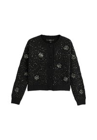 Sort strikket cardigan med et struktureret design, rund halsudskæring, knaplukning og prydet med glitrende detaljer overalt.