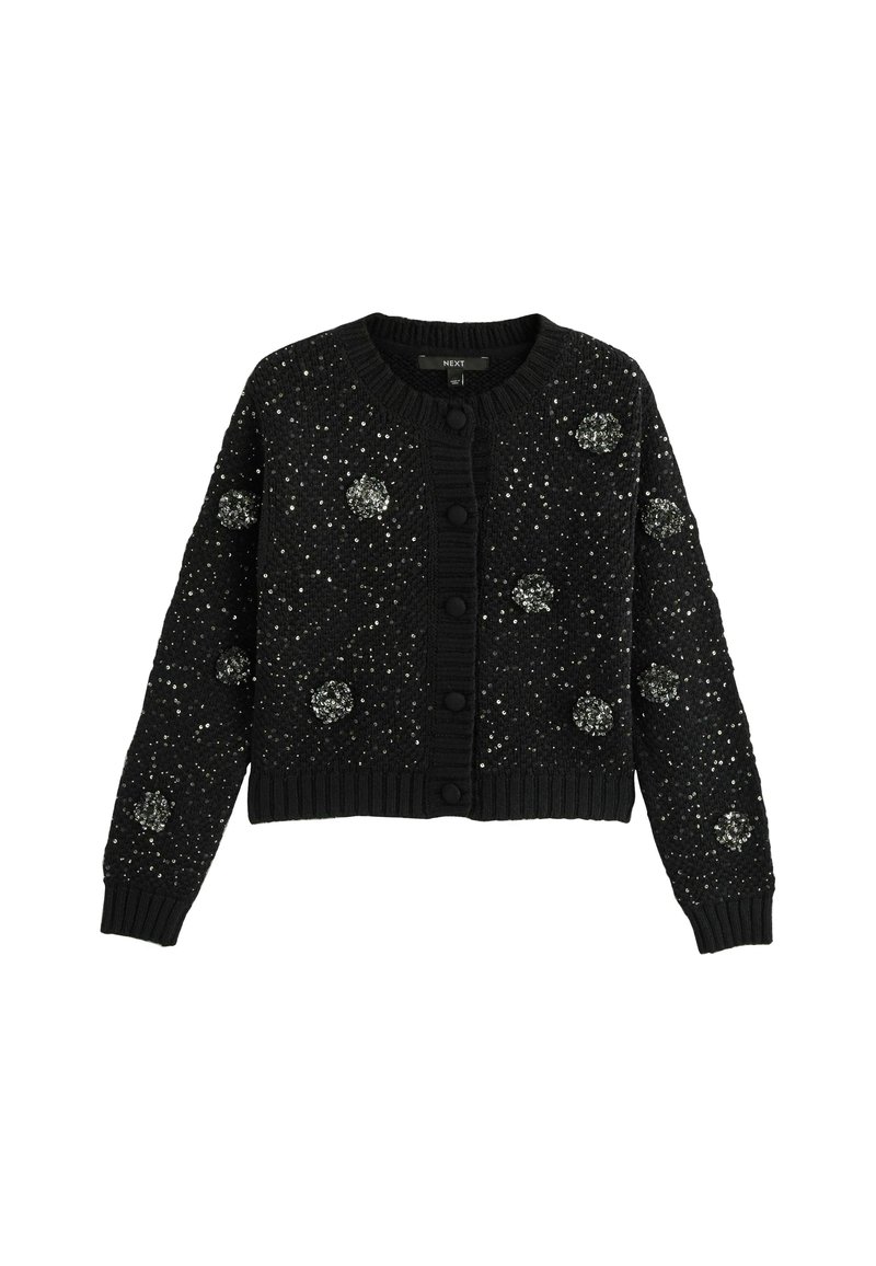 Sort strikket cardigan med et struktureret design, rund halsudskæring, knaplukning og prydet med glitrende detaljer overalt.