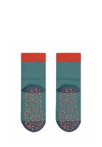 Bawełniane skarpetki z turkusowym tułowiem, czerwonym paskiem na górze oraz wzorzystą, antypoślizgową podeszwą w kolorze koralowym, z ciemnoniebieskimi akcentami na palcach i pięcie.