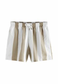 Gestreifte Badehose aus leichtem Stoff, mit abwechselnd weißen und beigen Streifen, einem elastischen Bund und einem Kordelzugverschluss.