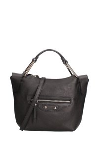 Borsa a mano nera in pelle con superficie testurizzata, manici corti, tracolla staccabile, tasca con zip frontale e dettagli in metallo argentato.