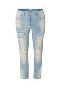 Jeans en denim bleu clair avec des patchs déchirés et des bords effilochés. Taille mi-haute, design à cinq poches, coupe ajustée et jambes fuselées.