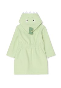 Lichtgroene badjas met een gestructureerde afwerking, voorzien van een dino-hoodie, witte scherpe tanden en speelse gezichtdetails. Elastische taille voor een goede pasvorm.