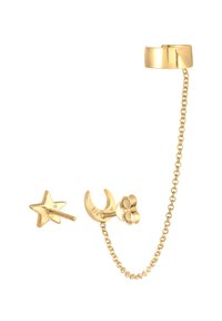 Set de cercei tip ear cuff în tonuri aurii, format din mai multe piese, care include o stea, o lună în creștere și un detaliu floral, toate conectate printr-un lanț delicat.