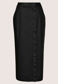 Schwarzer Midi-Rock mit glatter, satinierter Oberfläche. Mit einem taillierten Bund, seitlichen Taschen und einer geraden Silhouette. Sauberes, minimalistisches Design.