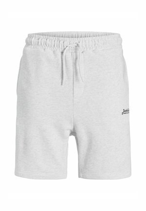 Pantalones cortos de sudadera de algodón grises con cintura elástica, cordón ajustable y pequeño logo bordado en el muslo izquierdo.