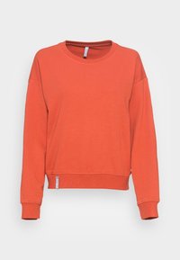 Orangener Sweatshirt aus weichem Stoff, mit entspannter Passform, Rundhalsausschnitt, langen Ärmeln sowie einem gerippten Saum und Bündchen.