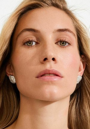 Hõbekõrvarõngad tekstuurse, lehesarnase disainiga, mis on kaunistatud läikivate detailidega. Mudelil on sile nahk ja loomulik meik.