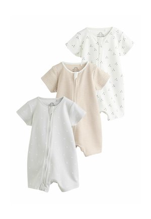 Drei kurzärmelige Babystrampler mit vorderen Reißverschlüssen; einer weiß mit kleinen schwarzen Mustern, einer beige gestreift und einer hellgrau mit dezenten weißen Formen.