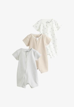 Drei kurzärmelige Babystrampler mit vorderen Reißverschlüssen; einer weiß mit kleinen schwarzen Mustern, einer beige gestreift und einer hellgrau mit dezenten weißen Formen.