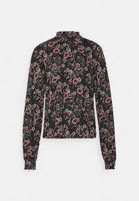 Blusa de manga longa em tecido preto com padrão floral apresentando flores rosas e azuis; gola alta, punhos franzidos e design ajustado.