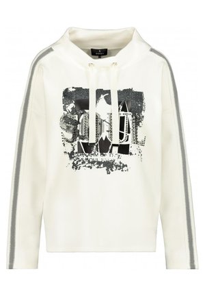 Felpa bianca con cappuccio e cordini, grafica astratta nera e grigia sulla parte anteriore e strisce grigie che corrono lungo tutta la lunghezza di entrambe le maniche.