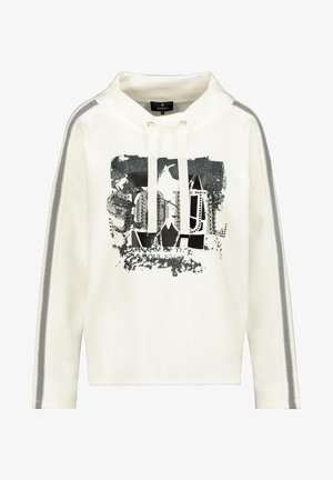 Sweat à capuche blanc avec cordons, graphique abstrait noir et gris sur le devant, et bandes grises courant sur toute la longueur des deux manches.
