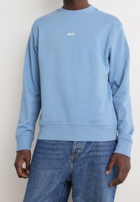 Sudadera azul claro hecha de tela suave, con cuello redondo y puños acanalados. Logotipo "BOSS" en blanco en el pecho. Corte casual.