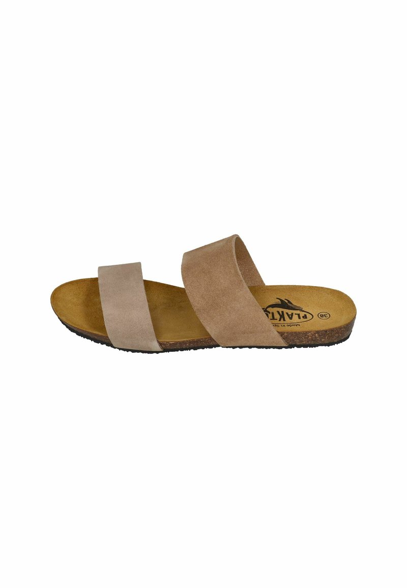 Two-strap suede slide sandal in light beige with a brown textured sole and soft footbed, featuring minimalistic design and rounded toe.