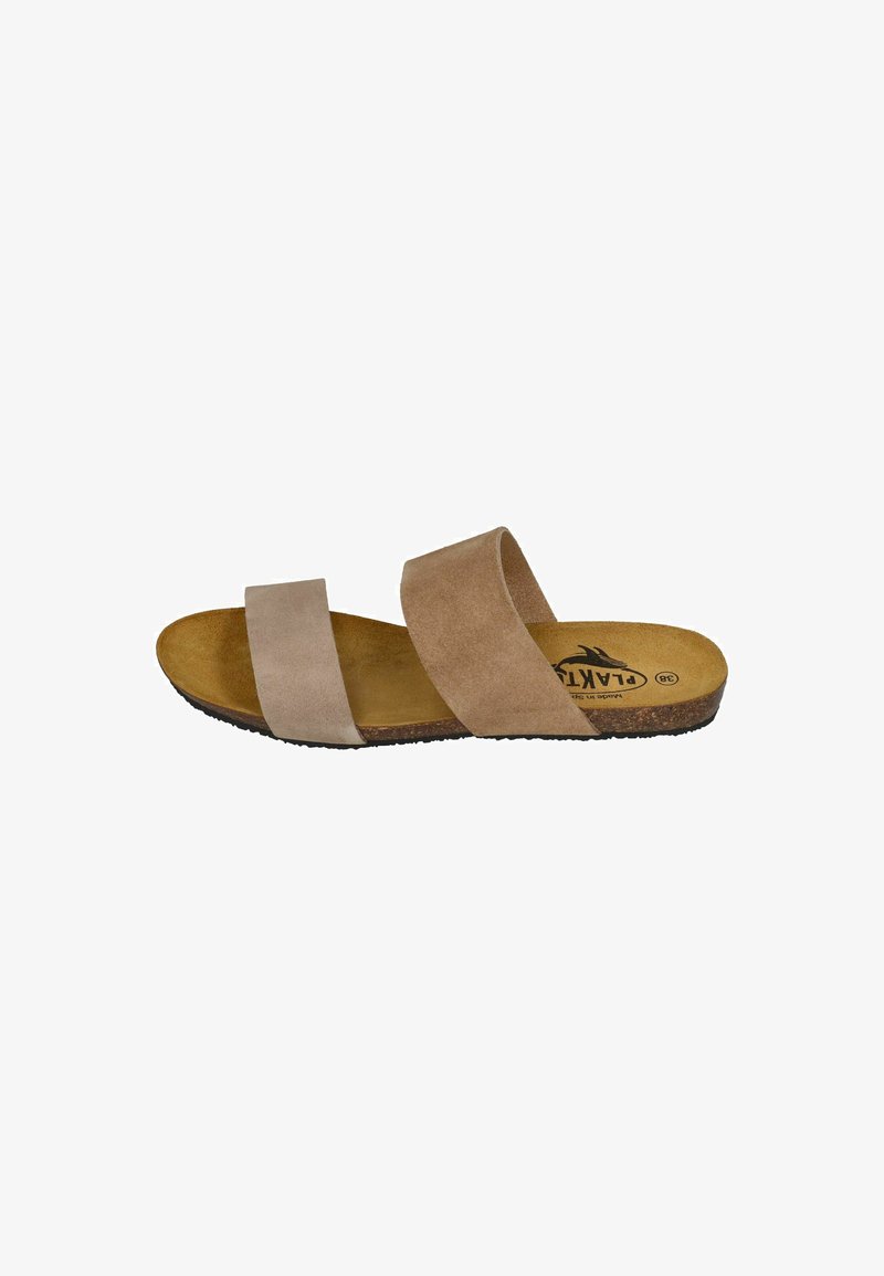 Two-strap suede slide sandal in light beige with a brown textured sole and soft footbed, featuring minimalistic design and rounded toe.