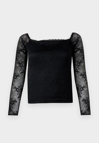 Top negru cu mâneci lungi din dantelă, model floral texturat, decolteu pătrat și margini ondulate. Corpul are un finisaj neted, mat.