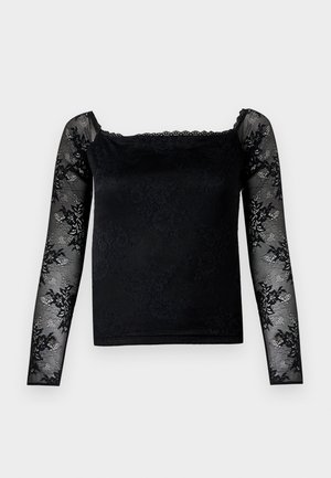 Top negro con mangas largas de encaje, patrón floral texturizado, escote cuadrado y bordes ondulados. El cuerpo tiene un acabado suave y mate.