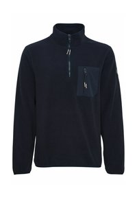 Dunkelblauer Fleece-Pullover mit hohem Kragen, halbem Reißverschluss und einer Brusttasche mit Reißverschluss. Glatte Textur, lässige Passform.