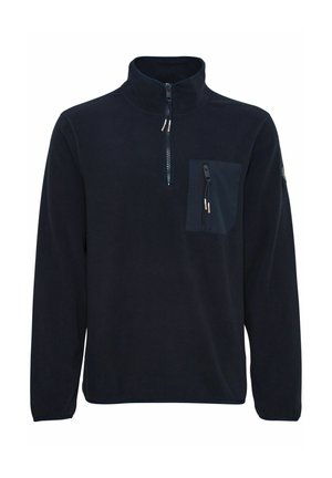 Mornarsko polarno pulover s high collar, pol-zadrgo in žepom na prsih z zadrgo. Gladka tekstura, sproščen kroj.