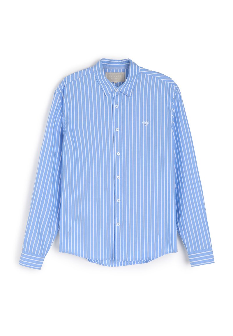 Jasnoniebieska, długorękawowa, koszula z kołnierzykiem w pionowe białe paski. Posiada guziki na przodzie i małe logo na piersi. Miękka tkanina.