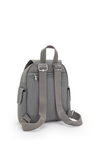 Petit sac à dos gris avec des bretelles ajustables, des poches latérales et une poche zippée à l'arrière sur fond blanc.