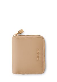 Beige leather wallet with a zip closure, featuring gold hardware and embossed branding. Smooth texture with rounded edges.