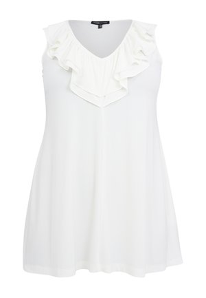Witte mouwloze top met een diepe V-hals en gelaagde ruches bij de halslijn. Glad materiaal met een losse, vloeiende pasvorm.