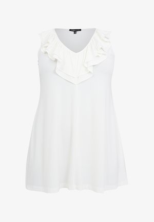 Witte mouwloze top met een diepe V-hals en gelaagde ruches bij de halslijn. Glad materiaal met een losse, vloeiende pasvorm.