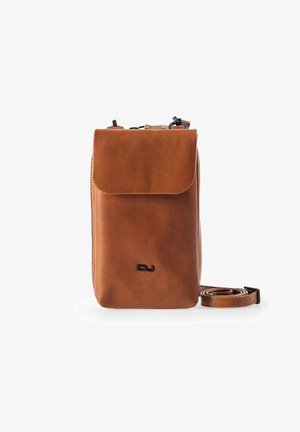 Brown leather crossbody bag with a flap closure, zipper detail on the side, and an adjustable strap. Features a small logo on the front.