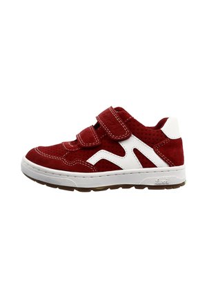 Red suede sneaker with two Velcro straps, white accents, perforated sides, and a rubber sole. Design features stitching details.