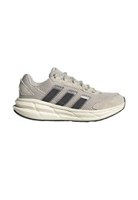 Light gray athletic shoes with mesh upper and dark gray stripes. Features a cushioned white sole with Cloudfoam branding and textured accents.