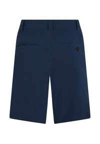 Shorts bleu marine à texture lisse, dotés de deux poches arrière, d'un détail bouton et d'une coupe ajustée.